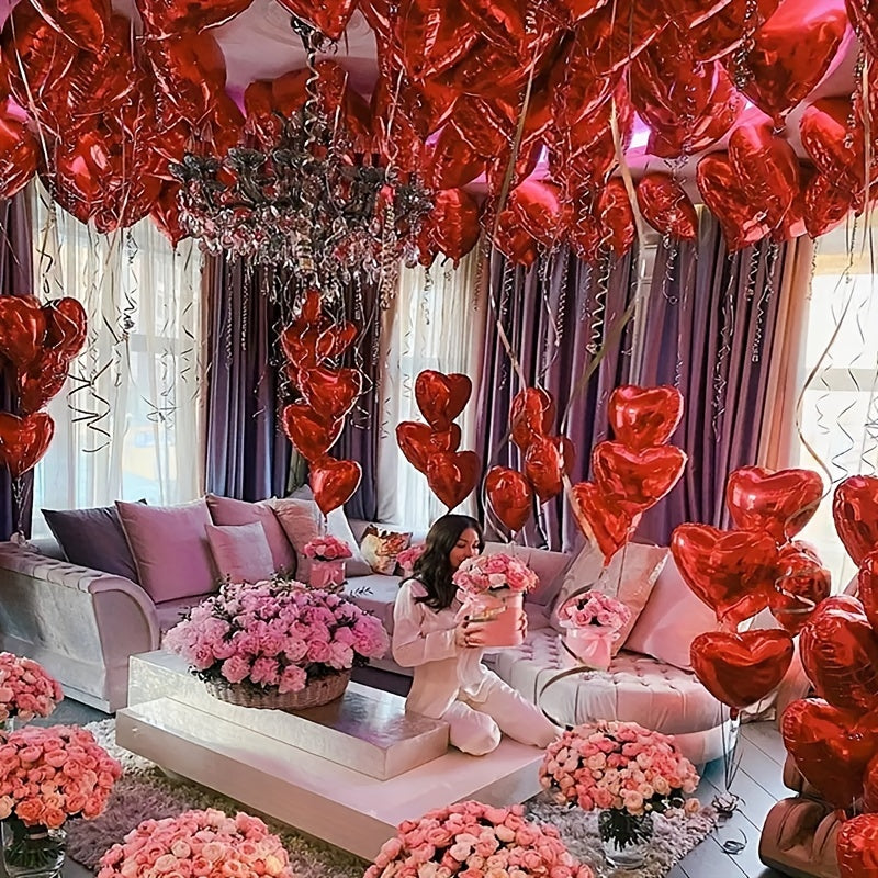 15 red heart pink silvery love aluminum balloons for various occasions like birthdays, weddings, engagements, Valentine's Day, bridal showers, carnivals, home decor, and parties.