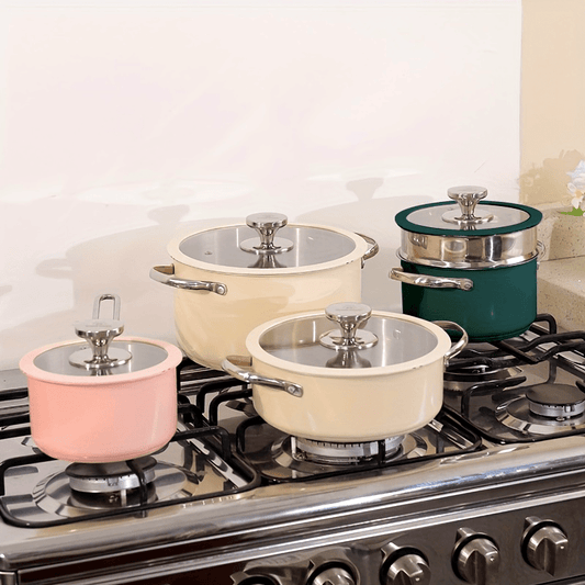 Cook your favorite meals with this stainless steel cooking pot set, which includes a sauce pan, soup pot, casserole, and steamer pot in beige, white, pink, or green. These pots feature a ceramic spray coating and are compatible with induction/electric