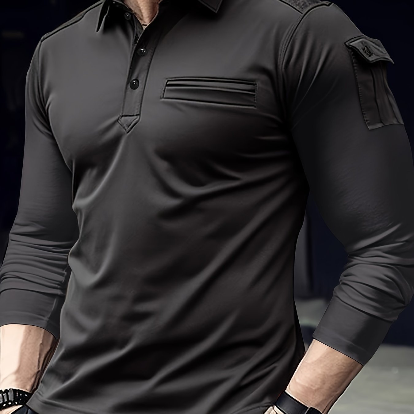 Long-sleeve men's casual shirt with arm pockets and shoulder patches, perfect for outdoor sports in the Fall/Winter Collection.