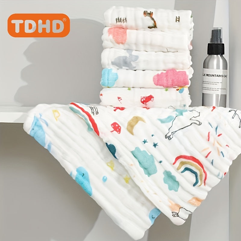 Five pieces of Children's Square Face Towels made of Six-layer Cotton with Print Design