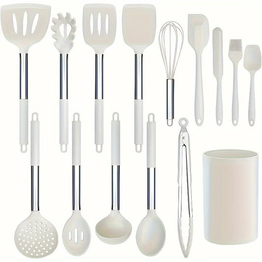 Top Pick: 15-Piece Silicone Kitchen Utensil Set with Stainless Steel Handles - Includes Slotted Spatula, Turner, Tong, Whisk, Brush, Holder, and More - Ideal for Cooking and Kitchen Tools