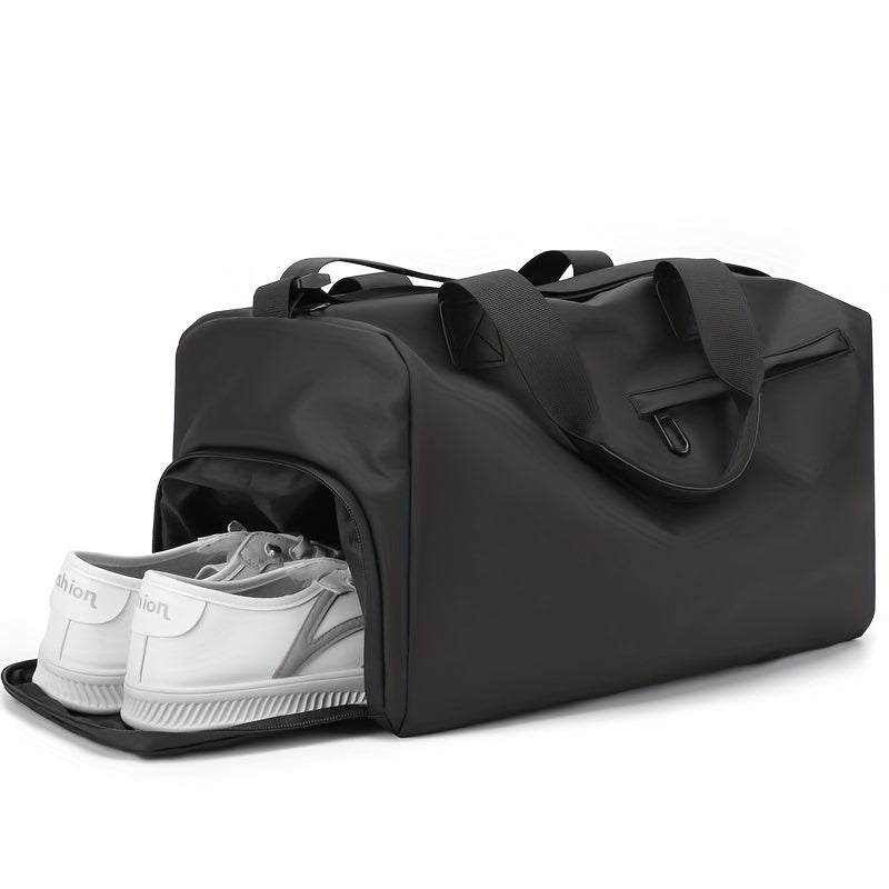 Black waterproof gym bag with shoe compartment made of durable polyester fiber, easy to clean, ideal for weekend fitness and travel.