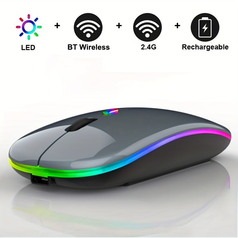 Rechargeable LED wireless mouse with dual mode, silent operation, and ergonomic design. Suitable for various devices like laptops, desktops, and tablets.