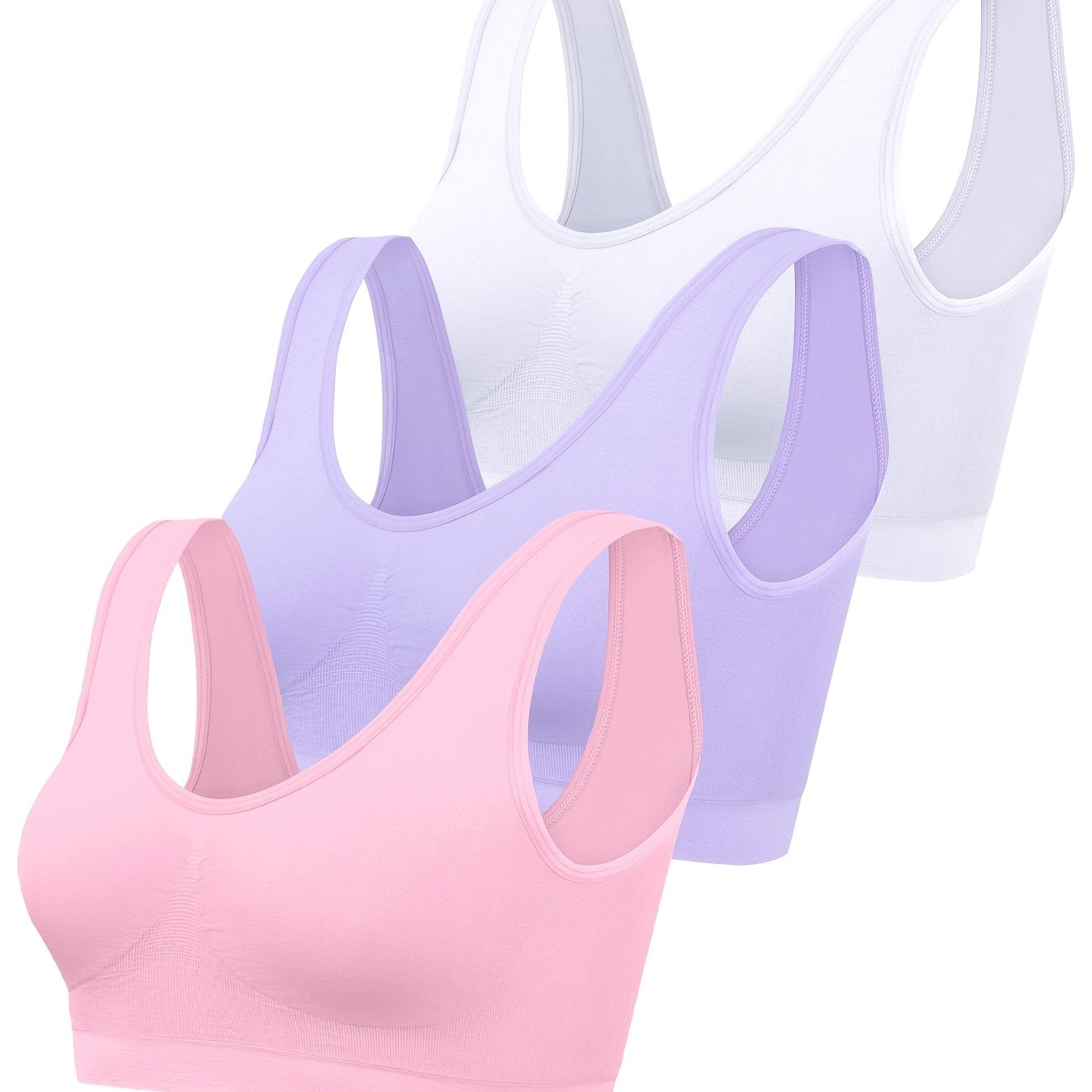 3 pack of seamless single layer sports bras for women, high support crop tops without padding, suitable for adult female activewear.