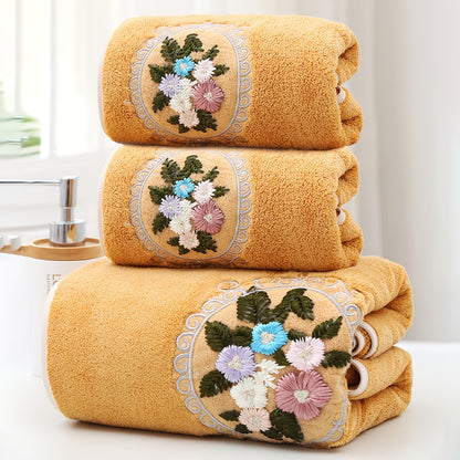 WF gauze flower 2 cents + 1 bath / 3pcs set Coral velvet embroidery towels (2 35*75cm, 1 70*140cm) soft, absorbent, quick-drying bathroom essentials for children and adults, skin-friendly