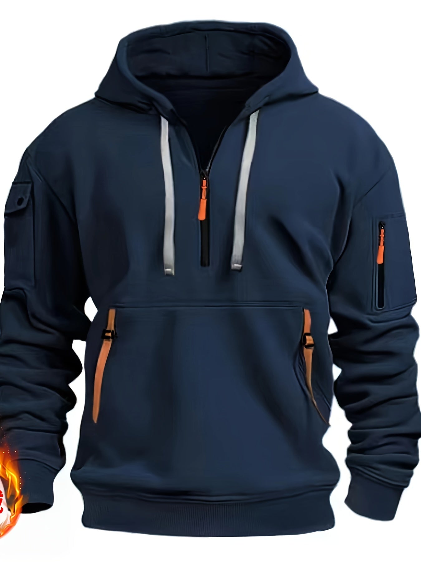 Men's navy blue fleece-lined hoodie with multiple zipper pockets, V-neck, and sporty pullover design for fall and winter.