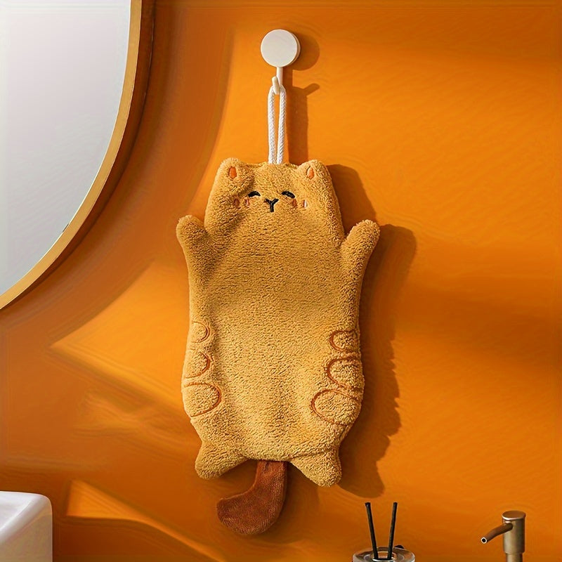 Cute cat fingertip towel made from durable polyester fabric, quick-dry and absorbent for kitchen or bathroom use, featuring a fun cartoon design and coral fleece embroidery.