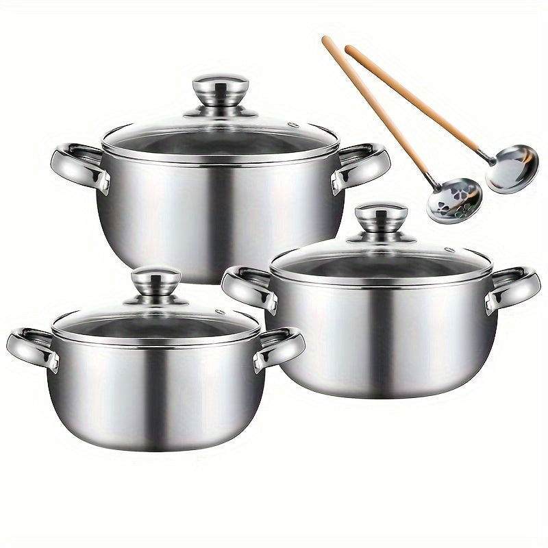 Premium 8-piece Pot Set with Kitchen Cooking Utensils - Versatile Pot for Home and Dining, Safe for Dishwasher and Oven Use. Includes 3 Different Pot Sizes and Lids, Comes with a Bonus Spoon.