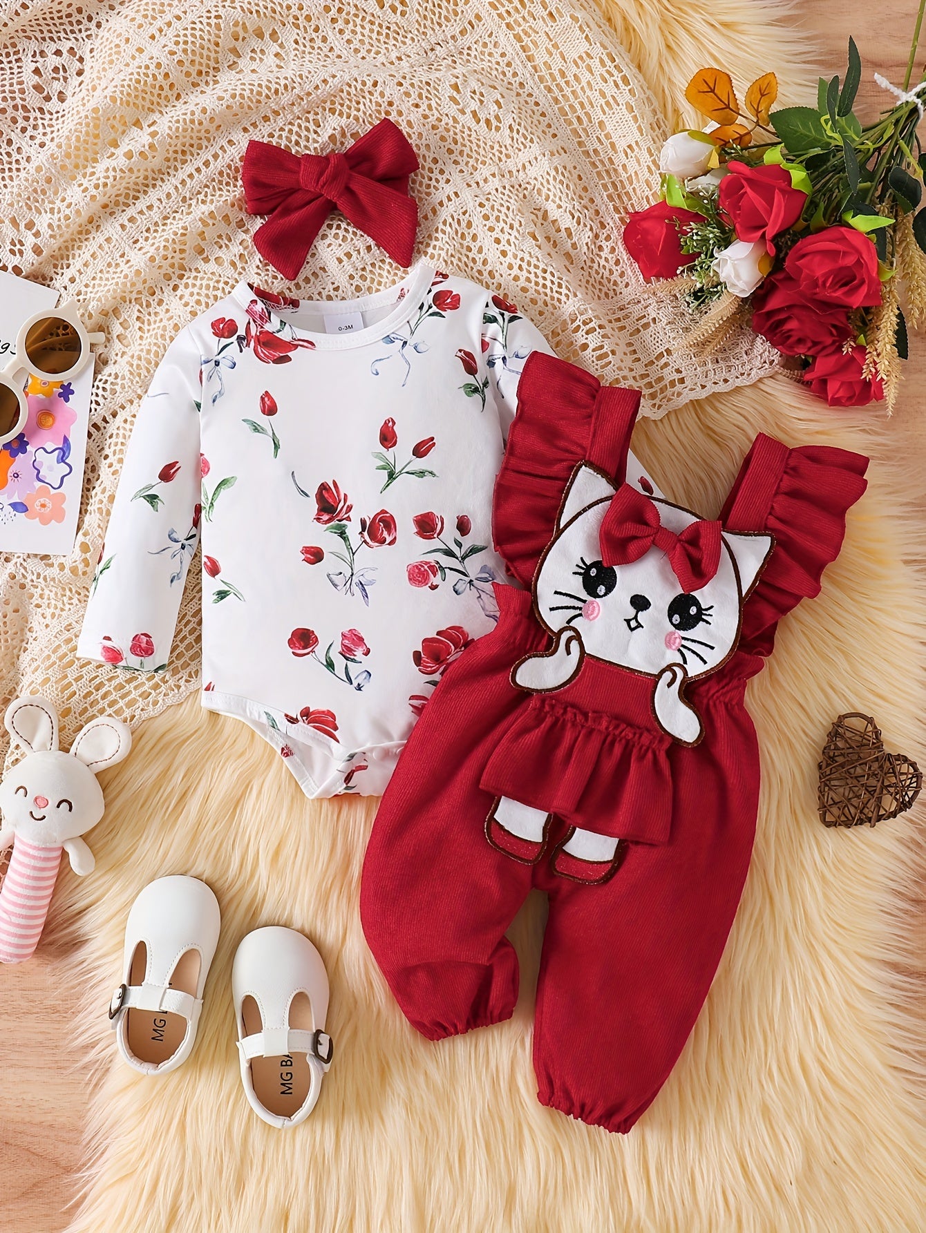 Cute Girls' 3-piece outfit: Floral romper, kitten overalls, and matching headband. Made of cotton blend, machine washable for fall/winter. Perfect for outdoor wear.