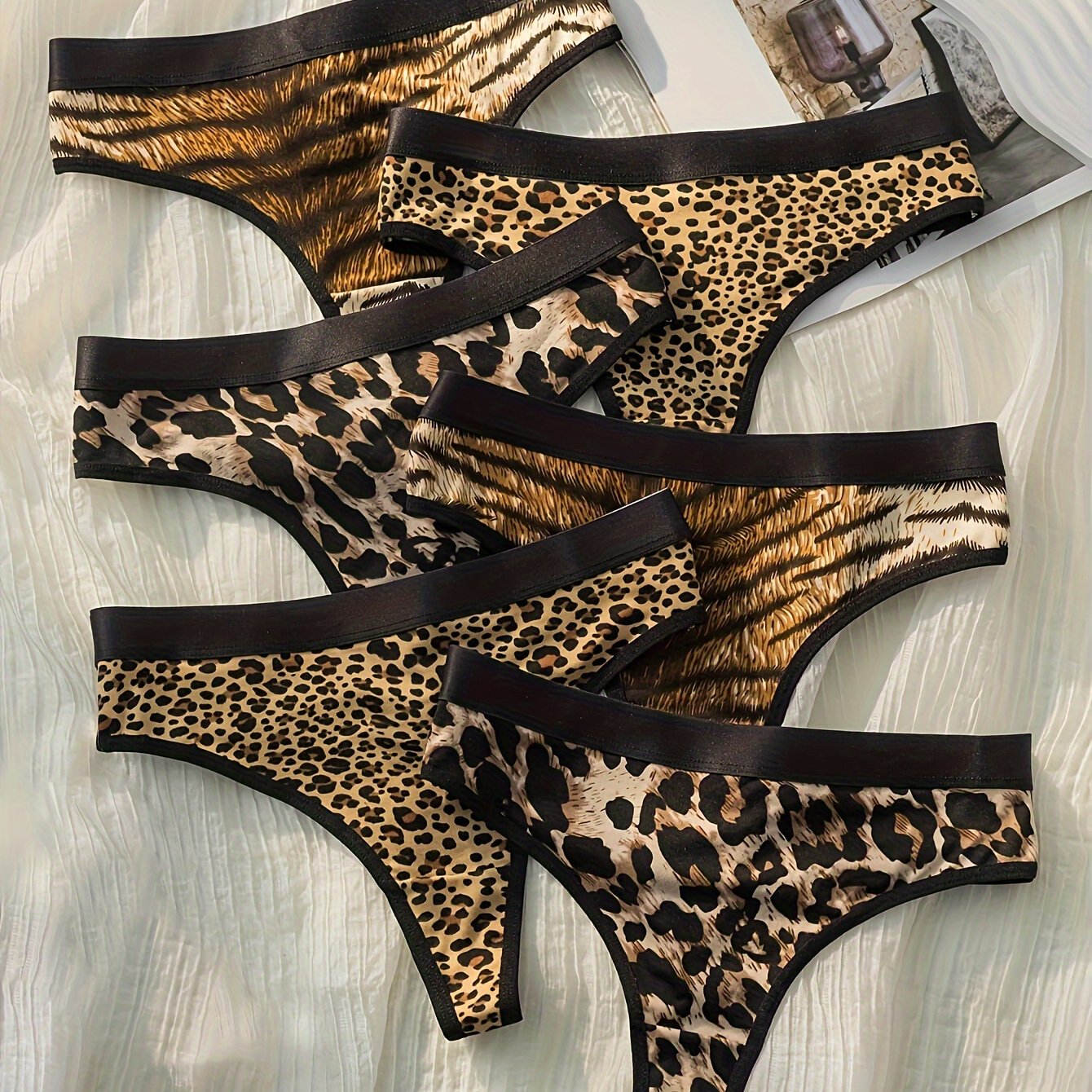 6pcs Sexy Leopard & Zebra Print Thongs for Women - Quick-dry, low-rise and comfortable fit