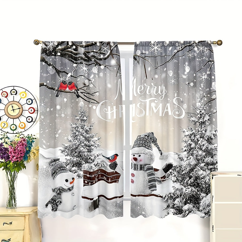 Set the festive mood with this set of two Christmas curtains featuring a snowman and pine tree design. Made of semi-sheer polyester, these curtains are easily machine washable and have a convenient rod pocket for easy hanging. Perfect for adding a touch