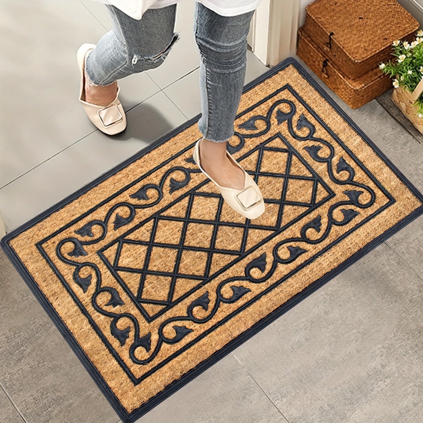 Rectangular Outdoor Entrance Rug with PVC Non-Slip Backing, Durable Polyester Construction - Easy-Clean Welcome Carpet for Front Door, 1 Piece