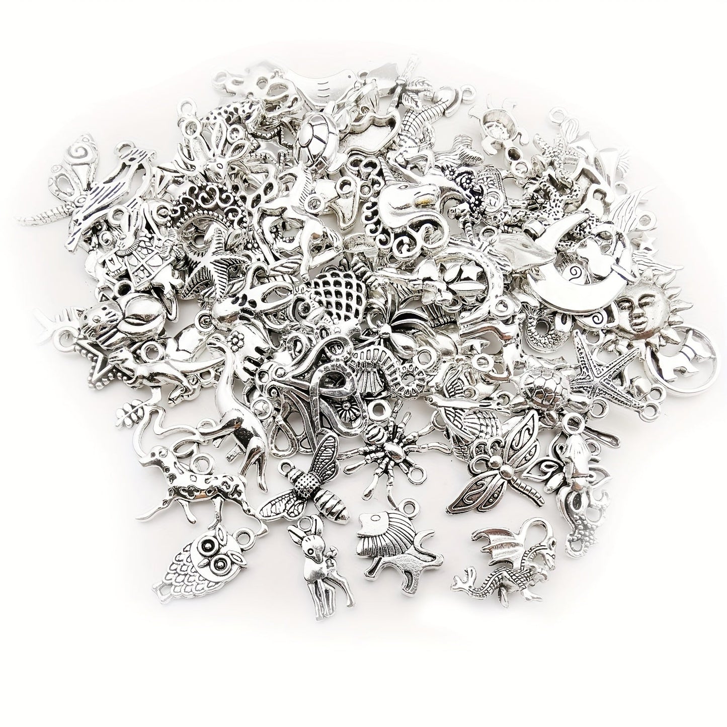 Set of 200 Antique Silver Alloy Charms, Perfect for Creating Necklaces, Bracelets, and Keychain Jewelry