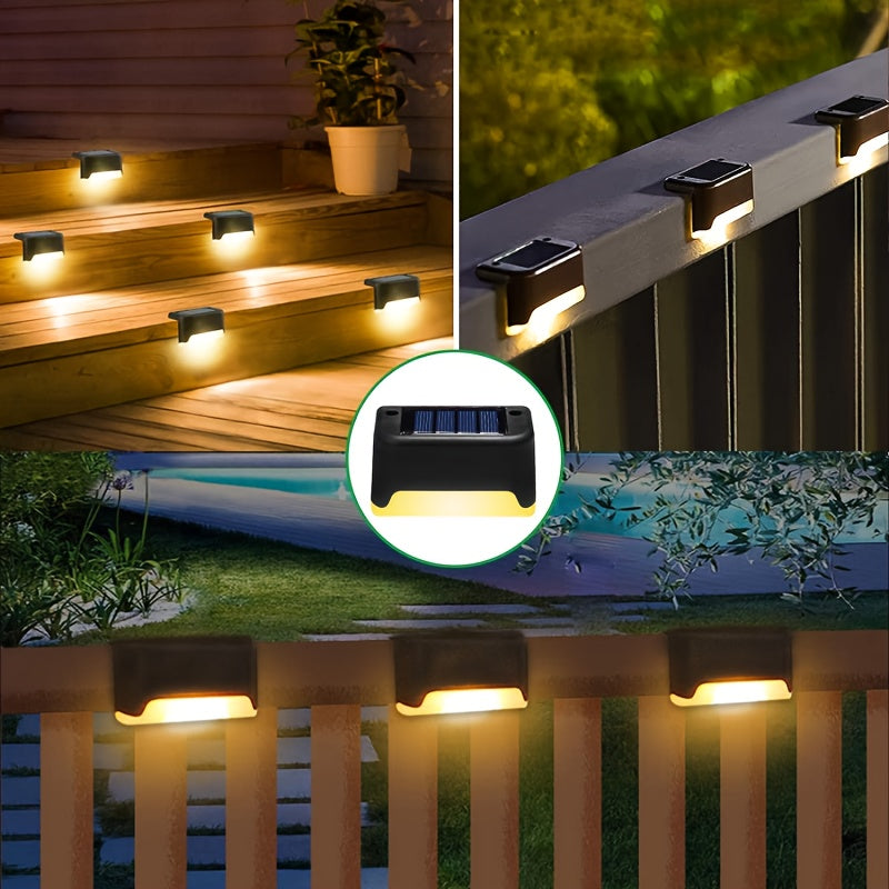 8 outdoor solar deck lights for stairs, fences, patios, gardens, and pathways. Features light sensor, removable fixture, and 600mAh nickel battery.