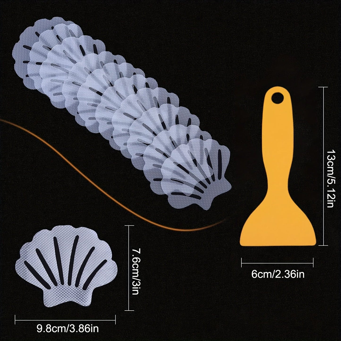 Non-slip bathtub stickers available in sets of 3, 12, or 24, featuring transparent shell shapes for use in bathtubs, shower floors, stairs, and ladders.