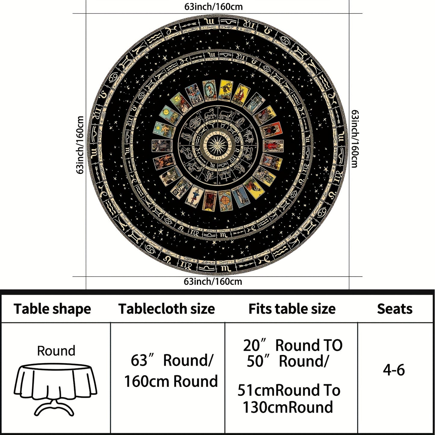 Tarot Round Tablecloth: 63 inch, Boho design with divination pattern. Stain-resistant, absorbent, and wrinkle-free. Ideal for home, kitchen, dining, parties, indoor/outdoor use. Perfect for room and scene decor.