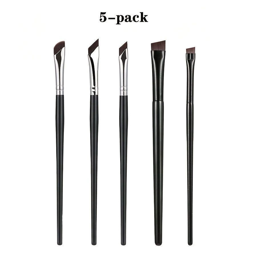 Compact 5-piece eye makeup brush set with sickle-shaped and angled eyeliner brushes and an eyebrow brush for creating beautiful eye looks. Perfect for travel and gifting.