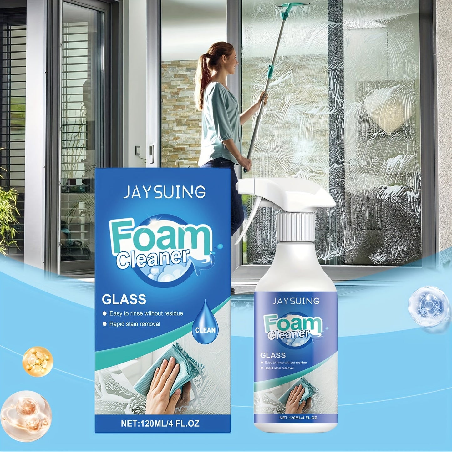 Glass Foam Cleaner that leaves no streaks, effectively removes oil and stains. Perfect for cleaning windows and doors with its palm acid formula.