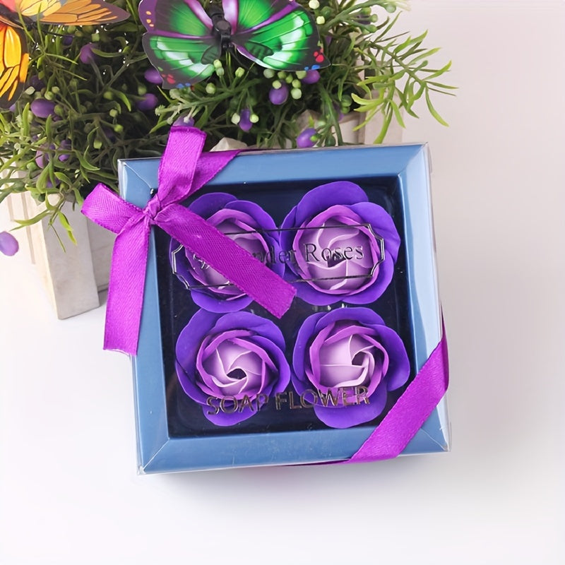 Gift box with 4 artificial rose soap flowers, ideal for Valentine's Day, Mother's Day, Christmas, or weddings.