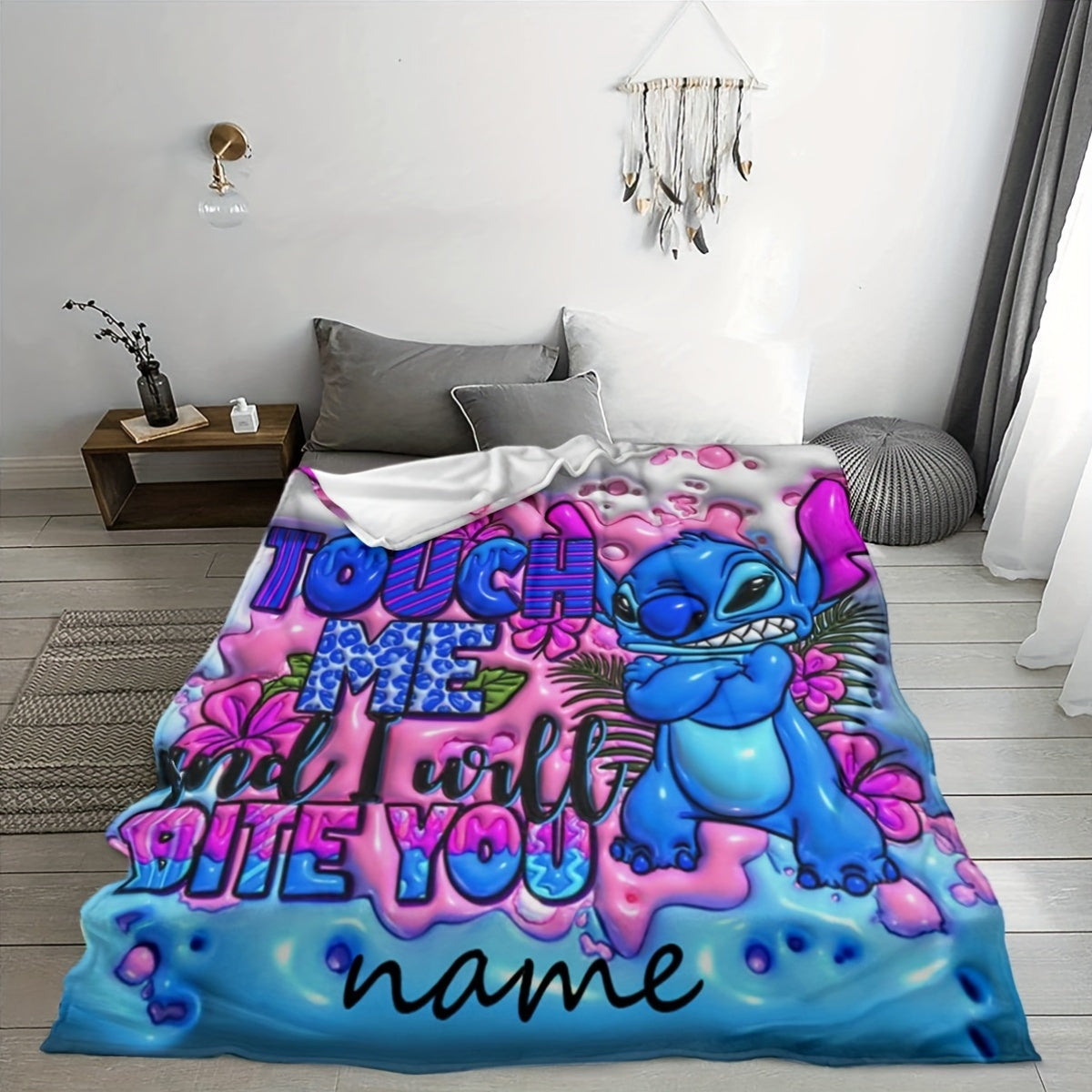 This ultra-soft and durable fleece throw blanket features a custom name print, with a contemporary style in mixed colors and an anime theme. It is reversible and suitable for all seasons, making it a versatile and multi-purpose addition to your home.