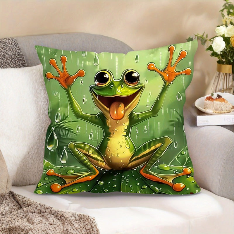 Decorate your home, office, or party with this 45.72x45.72 cm Modern Abstract Frog in Rain Design Throw Pillow Cover. Made of soft, machine washable polyester with a convenient zipper closure, this frog pillow is comfortable and suitable for various