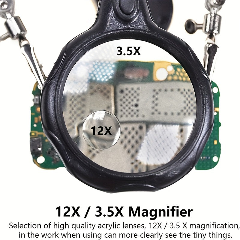 Adjustable folding magnifying glass with light for electronic inspection and repair work