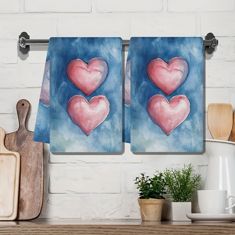 This set includes two ultra-soft kitchen towels with Valentine's hearts design, perfect for drying dishes. They are highly absorbent, suitable for holiday decoration, and can be easily machine washed. Each towel measures 40.64X60.96 cm.