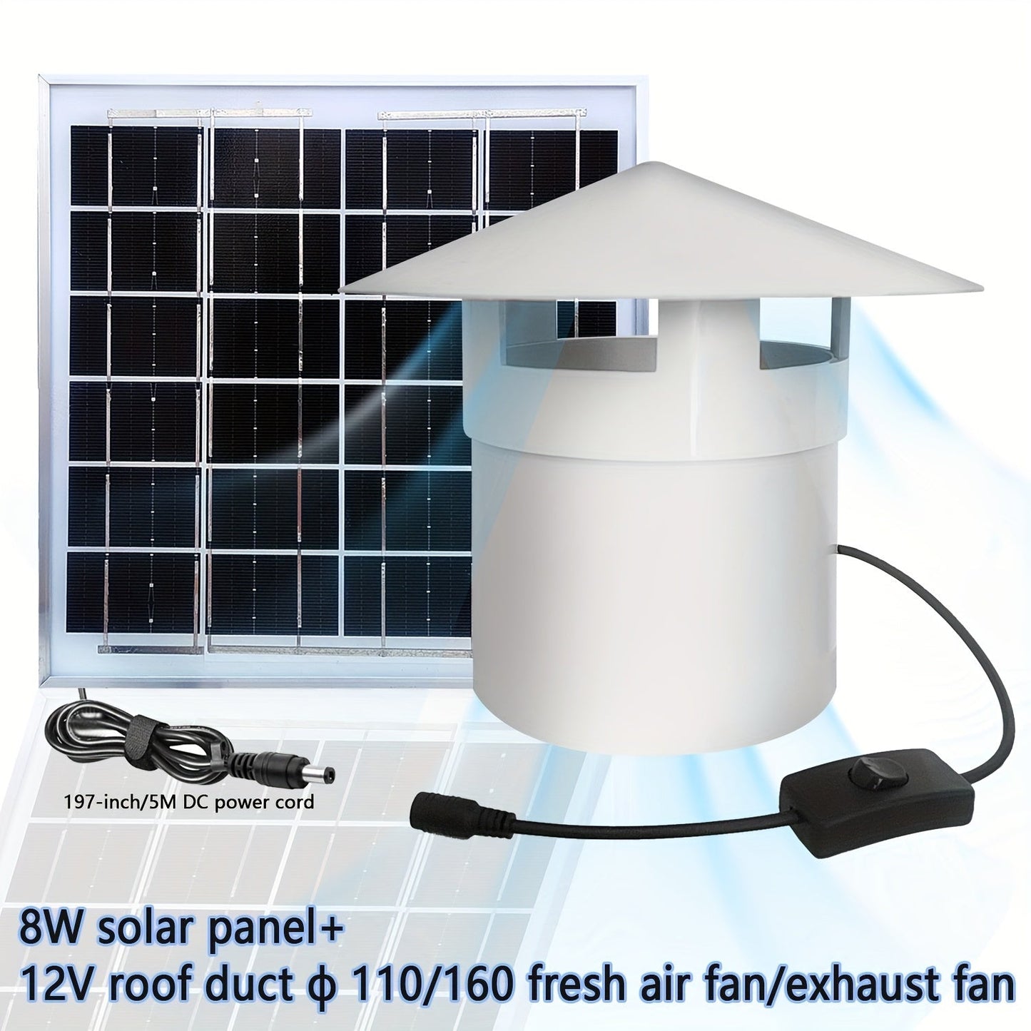 12V Roof Ventilation Fan powered by solar energy, featuring a high-speed 110/160 exhaust fan, remote control, button switch, polished plastic finish, and multiple components for air circulation. Suitable for both indoor and outdoor use.