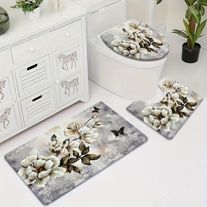 Set of 3 Elegant Floral Bathroom Mats - Made of Soft Flannel, Non-Slip and Absorbent, Includes Toilet Lid Cover, Ideal for Home Decor. Easy to Install with Handles, Machine-Washable. Enhance Your Bathroom Decor with these Stylish Accessories.