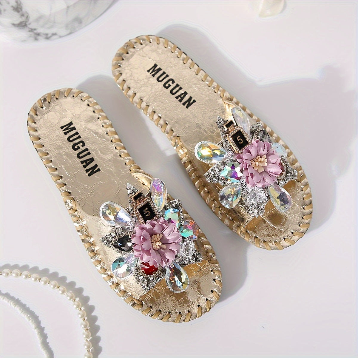 Floral Rhinestone Sandals crafted by hand