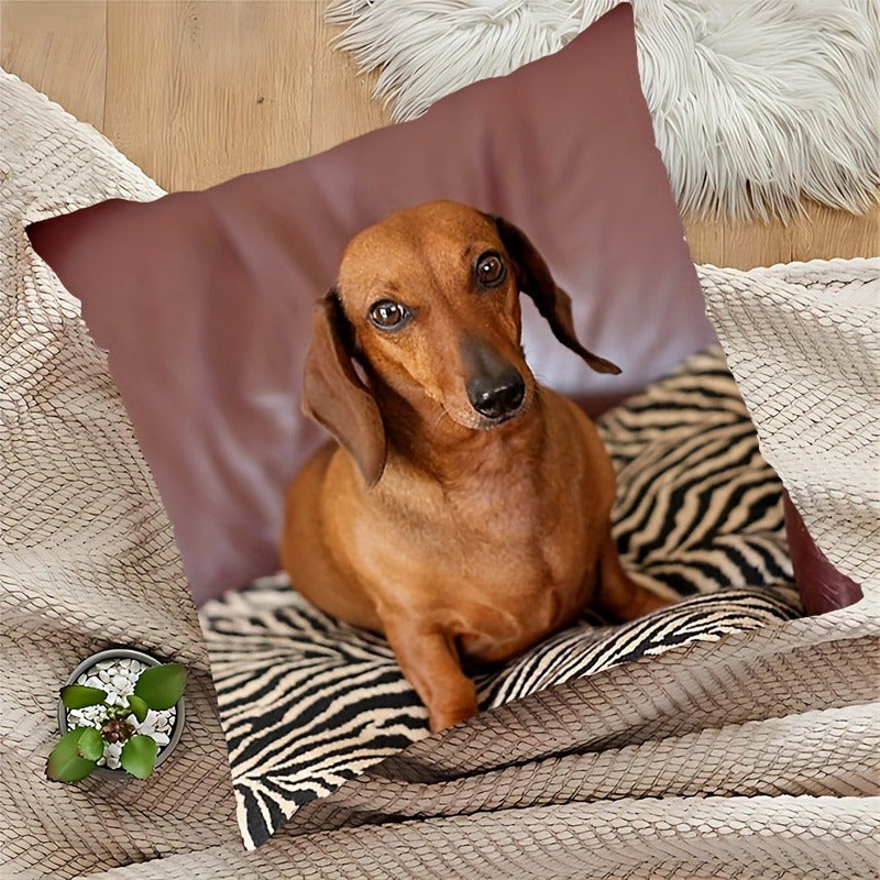 Modern Dachshund Portrait Print Throw Pillow, 18x18 inches, Made of Soft Polyester, Easy to Clean in Washing Machine, Features Zipper Closure, Perfect for Decorating Home, Office, or Party