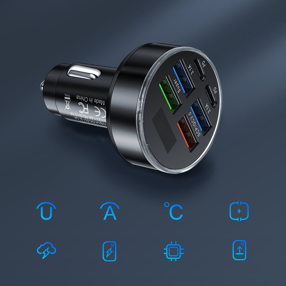 Hianda 6-in-1 USB Super Car Charger with LED Screen, Rapid Charging for 6 Phones