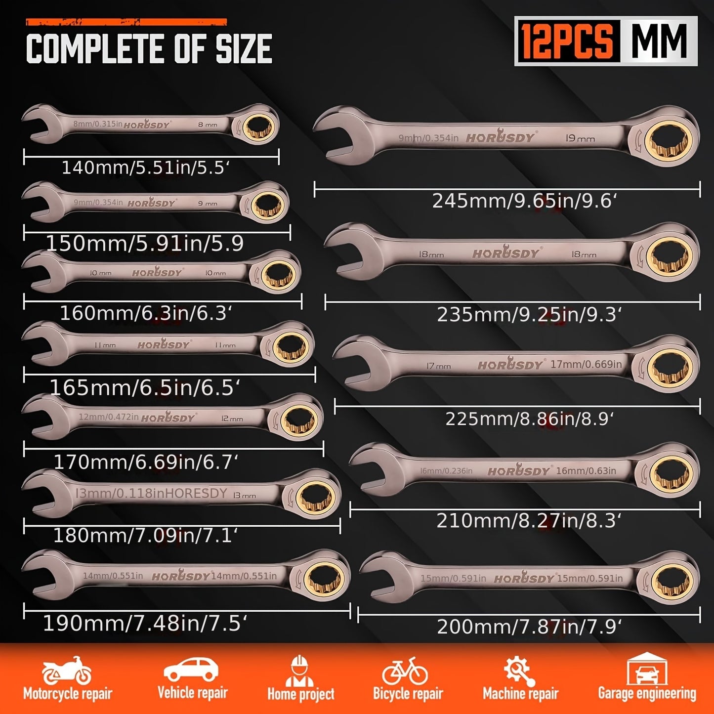 HORUSDY 12pcs Metric Ratchet Wrench Set, 8-19mm - Chrome Vanadium Steel, Rust & Fade Resistant with Case.