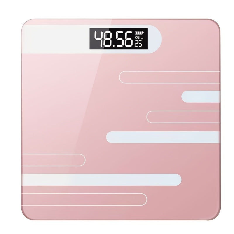 A sleek black digital body weight scale with LCD display, ideal for bathroom use, battery-powered