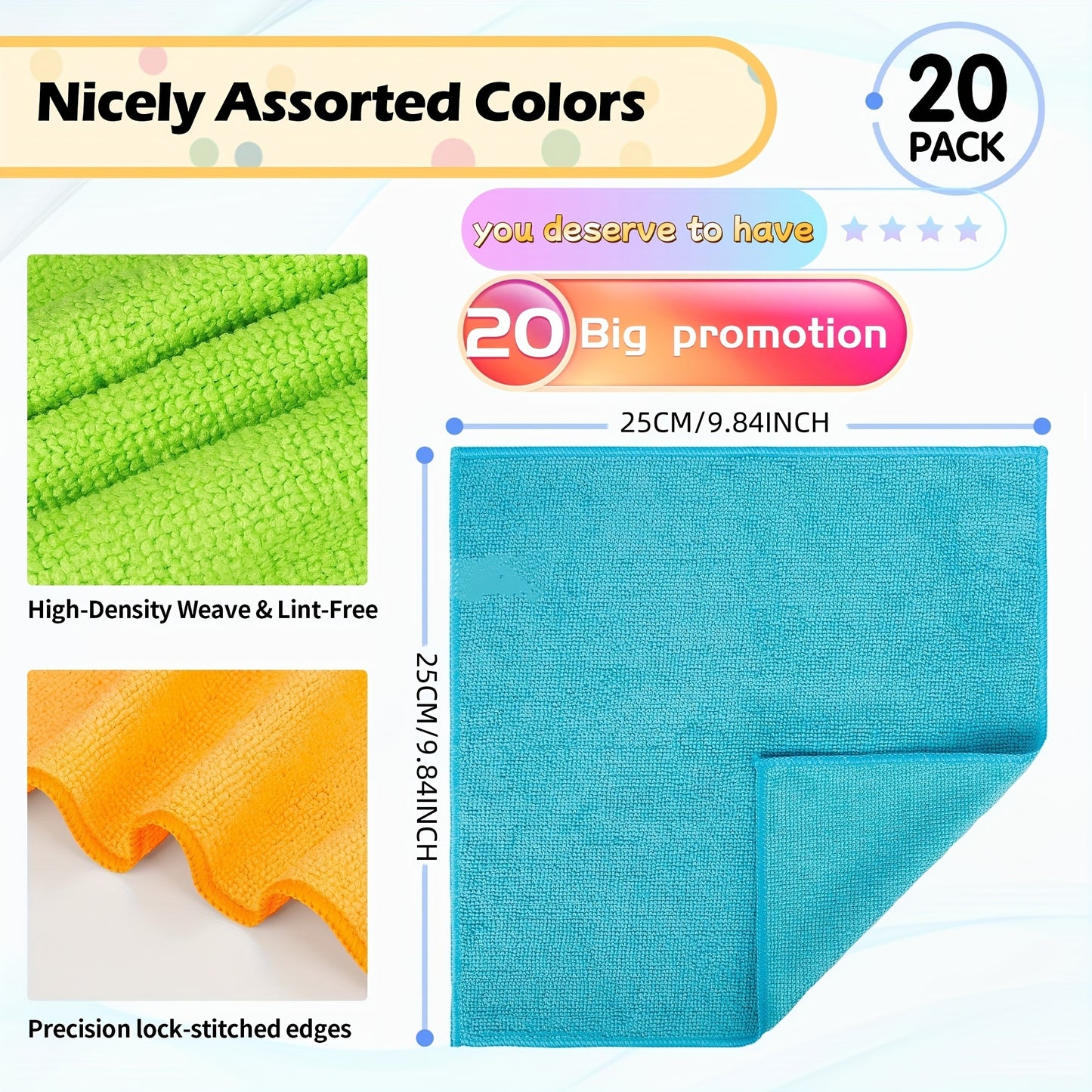 Mixed package includes 40 microfiber cleaning cloths (20 large, 12 small) and 20 cleaning rags in 5 random colors suitable for household and kitchen use. Colours include green, blue