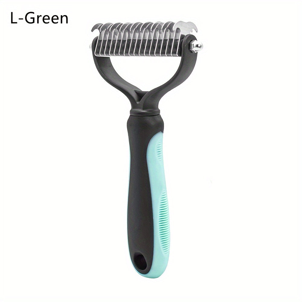 Dual-sided dog grooming brush removes knots and undercoat easily.