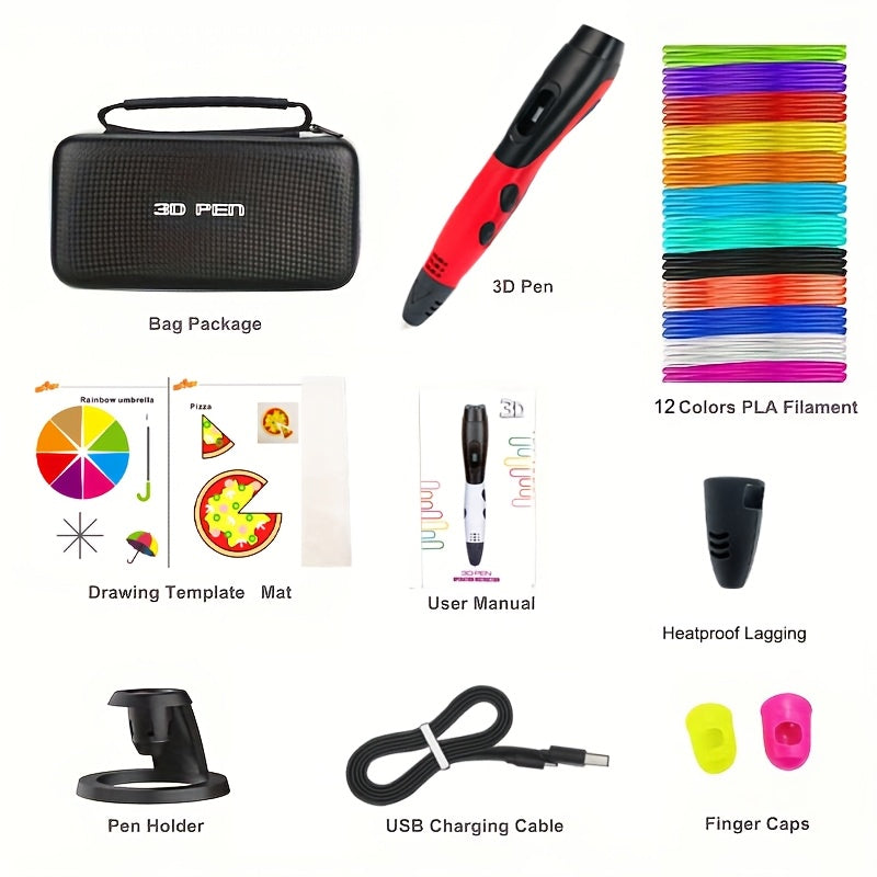 SETOOKJ 3D Printing Pen Kit - USB Powered with 12 Colors PLA Filament, Stencil Guide, User Manual; No Battery Needed