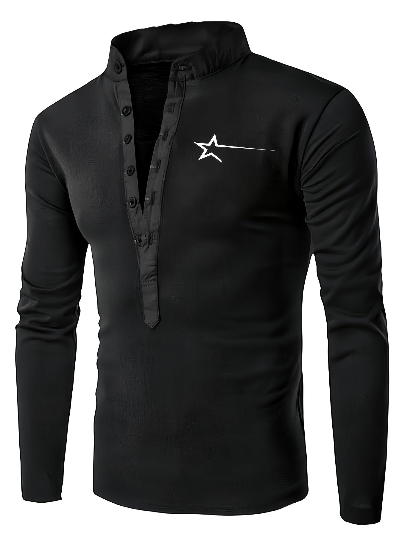 Men's slim fit half zip top with stand collar and button detail, made of polyester and spandex knit fabric with medium stretch, suitable for spring/fall season.