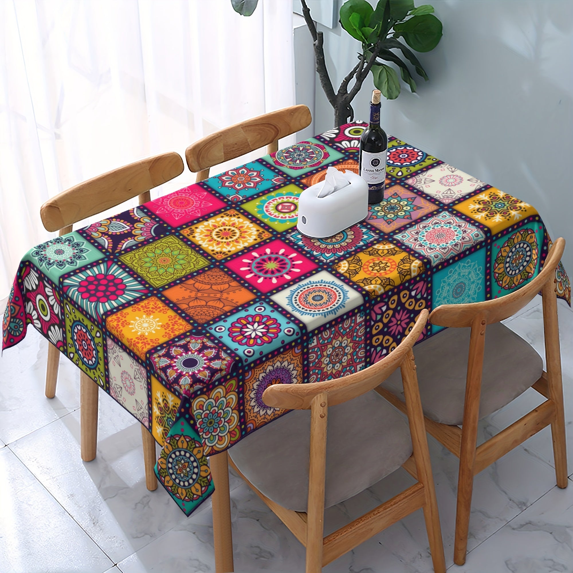 Polyester tablecloth with mandala bohemian design for festival parties and home decor.