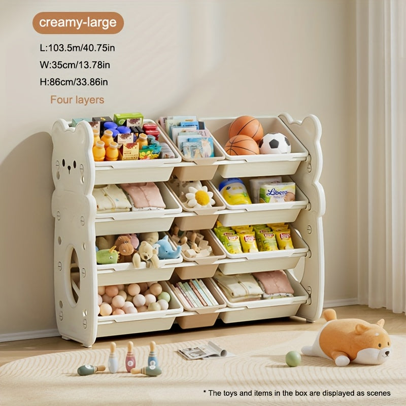 3-tier storage organizer with bins for toys, books, and clothes. Ideal for playroom and bedroom.