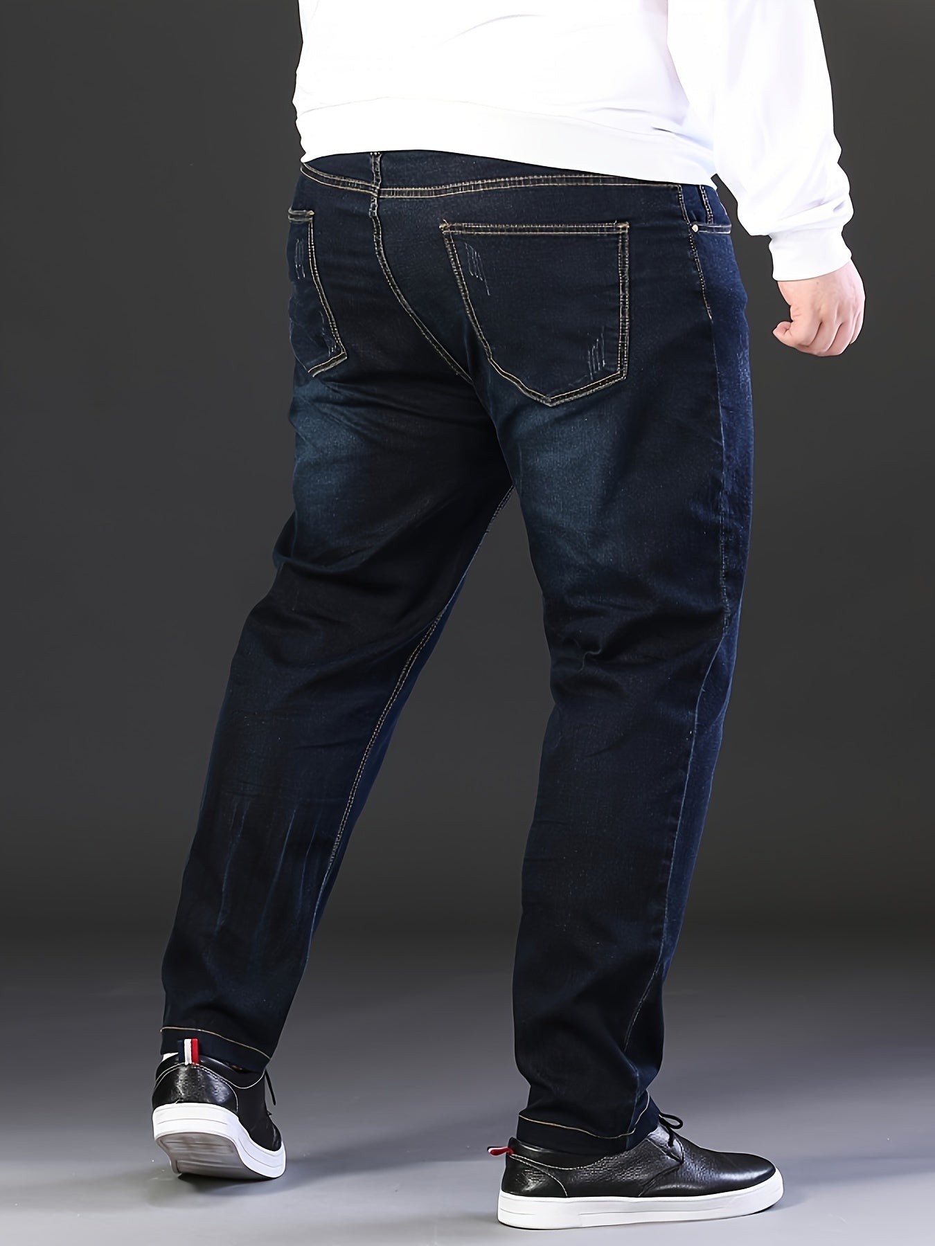 Stretchy ribbed elastic waist jeans for men, perfect for business casual wear. Plus size available.