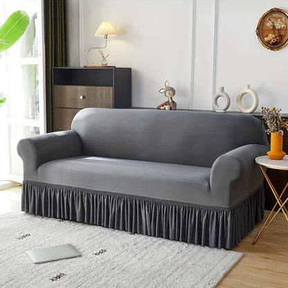 Elastic sofa cover with skirt, universal for all seasons, suitable for living room, office, and home decor.