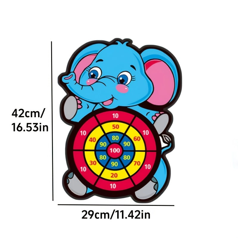 Elephant-shaped sticky dart board game set for ages 3+, includes hook and 3 sticky balls. Perfect family interactive play and birthday gift in polyester material, blue and purple.