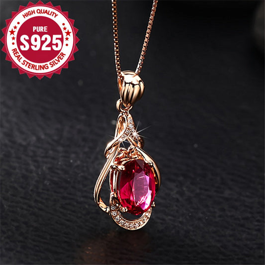 Sophisticated Teardrop Pendant Necklace in Sterling Silver with Vibrant Red Gemstone - Ideal for Parties & Valentine's Day, Hypoallergenic, Beloved by Customers, Gemstones in Various Colors