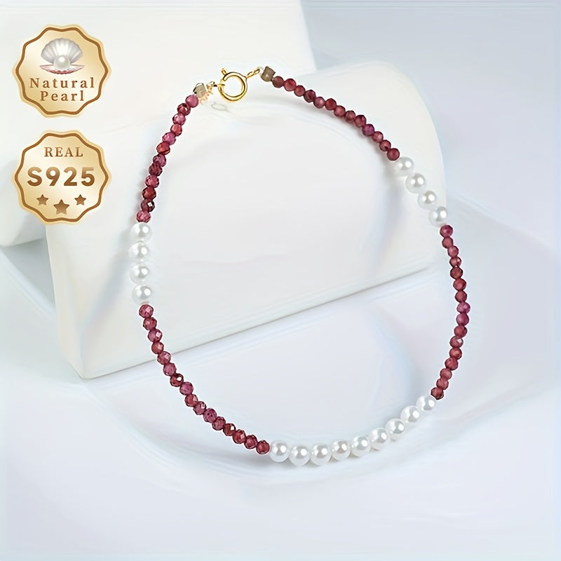 Timeless and classy freshwater pearl and garnet beaded accessory for women, featuring natural 3-4mm round pearls paired with faceted garnet beads. Finished with a silver clasp and presented in a gift-ready box. Perfect for those born in June or as a