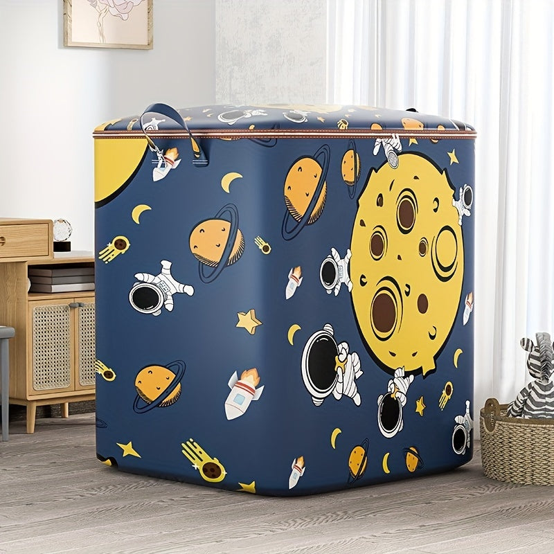 Large capacity non-woven fabric storage bag with a space-themed design. This waterproof rectangle quilt organizer features a flip top closure, making it ideal for storing clothes and blankets. It is multipurpose, dust-proof, and moisture-proof, perfect