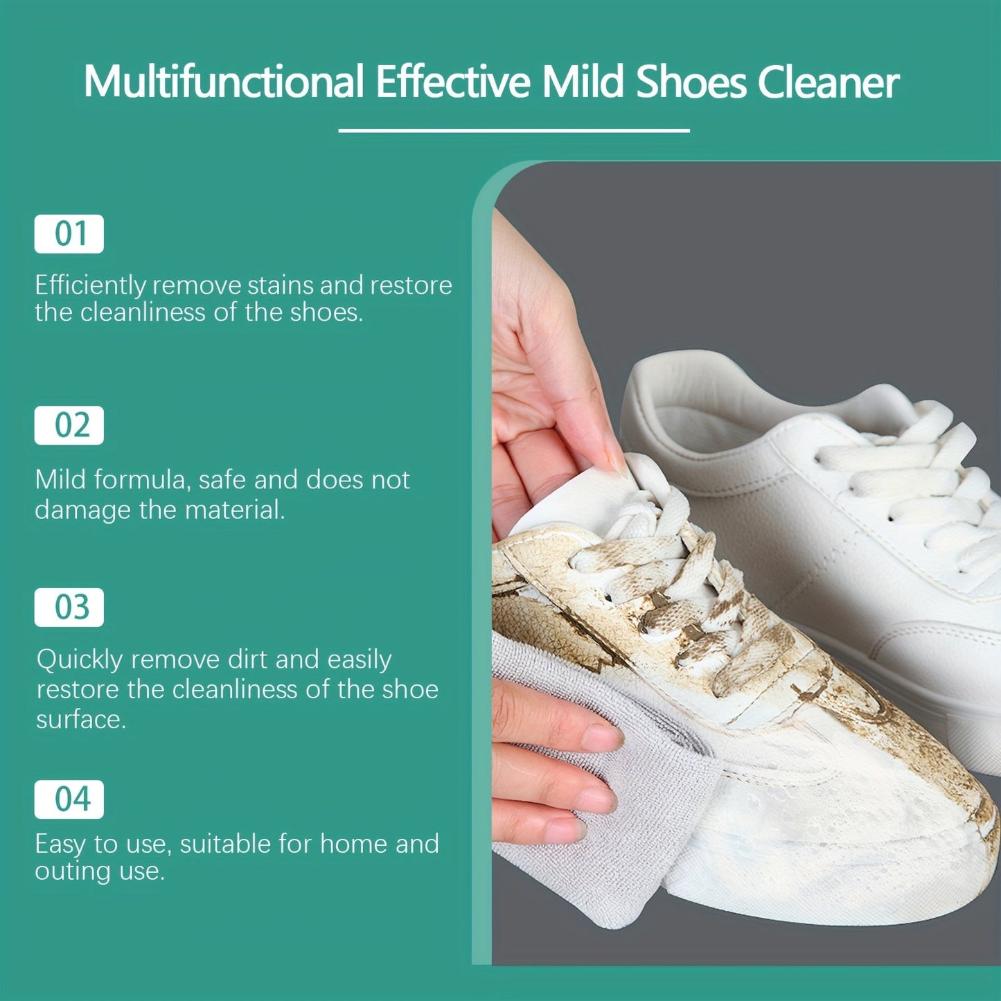 The Jakehoe Multi-Functional Shoe Foam Cleaner is a 100ml/3.38fl.oz. product that offers quick stain removal without the need for water wash. It brightens and whitens shoes, making it suitable for daily footwear care. The non-residue formula contains