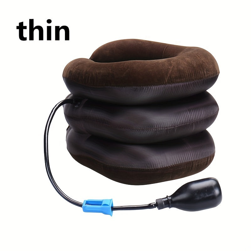 Thick/thin inflatable neck pillow for travel and relaxation with stretch and traction capabilities.