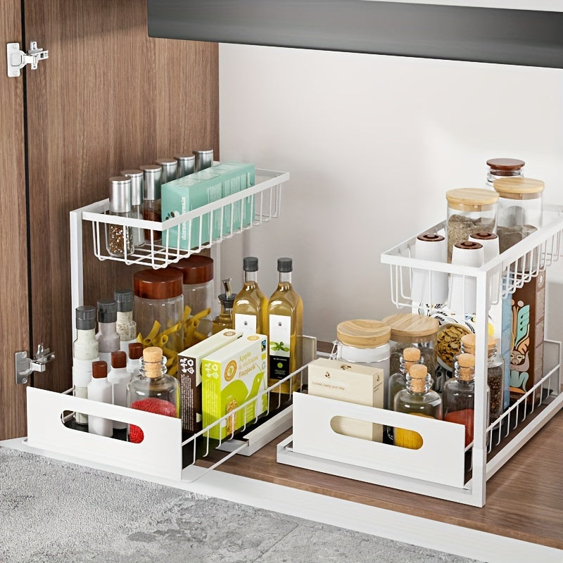 Double-Layer Pull-Out Under Sink Organizer, Carbon Steel Storage Shelf for Kitchen and Bathroom - Multi-Functional Rack for Condiments, Spices, Medicines, and Cosmetics - Available in Black/White