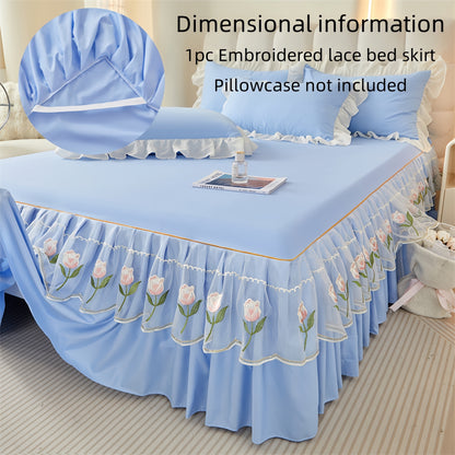 Luxury bed skirt with lace trim and rose embroidery, machine washable, soft fabric, non-slip ribbon fixation, suitable for various rooms. Made of 100% polyester.